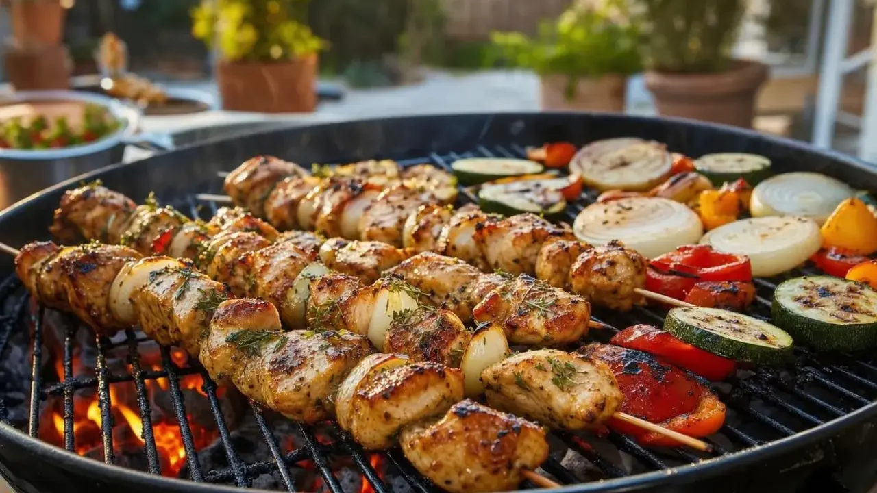 Plusieurs brochettes de poulet grillées, accompagnées de légumes comme des oignons, poivrons et courgettes, cuisent sur un barbecue.