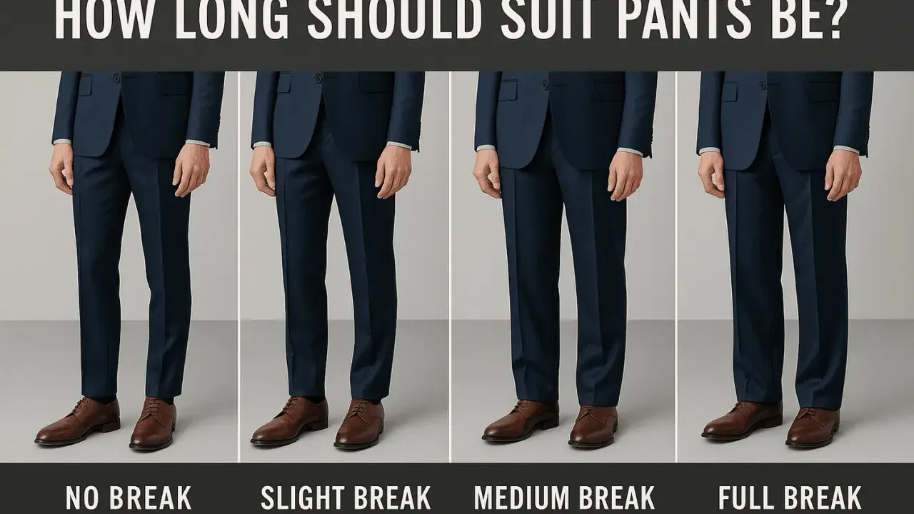 Four men's suits show how long should dress pants be, from no break to full break, illustrating pant hem length.