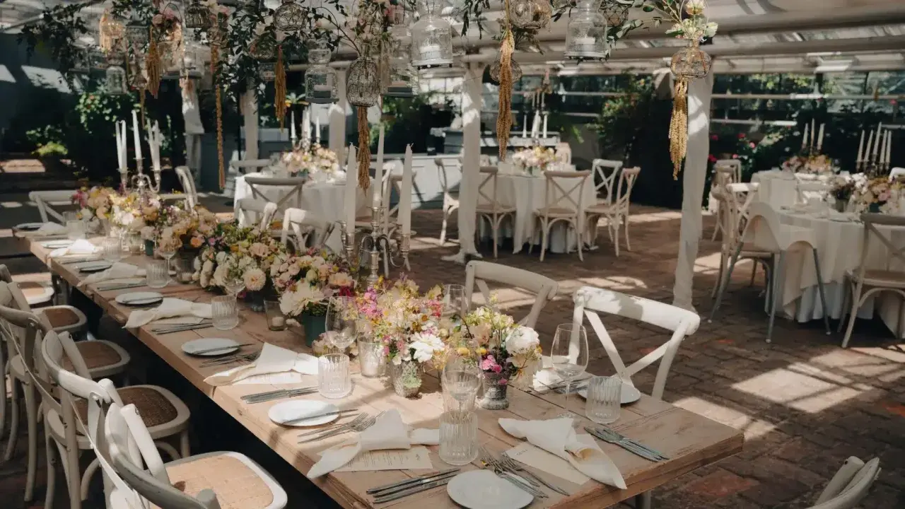 Romantische Hochzeitslocation Ideen: Ein langer Holztisch mit Blumenarrangements, Kerzen und weißen Stühlen, bereit für Gäste.