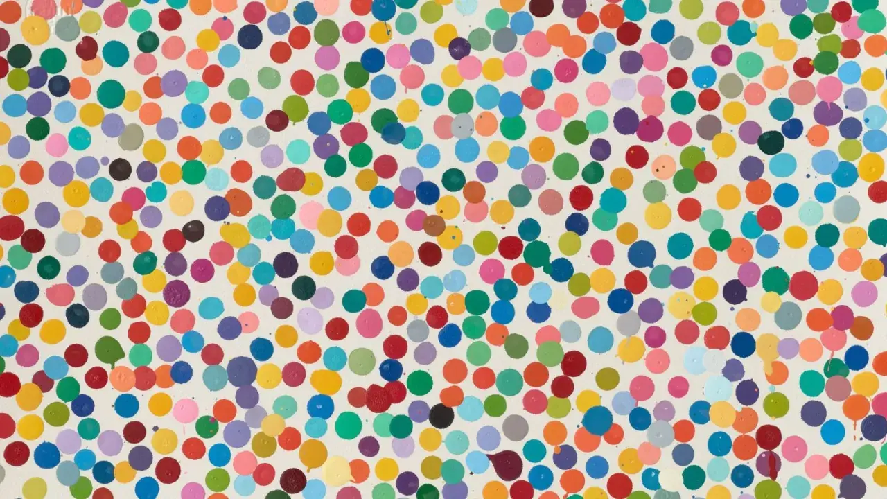 A vibrant canvas filled with colorful dots, a signature of Damien Hirst's "The Currency" series.