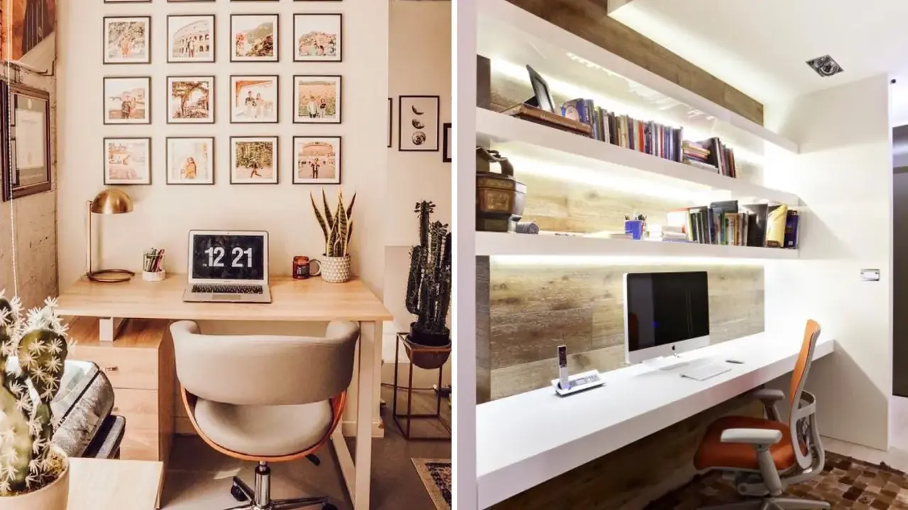 Deux bureaux modernes pour une **idée déco bureau travail** : l'un avec des photos encadrées et une plante, l'autre avec des étagères lumineuses et un ordinateur.