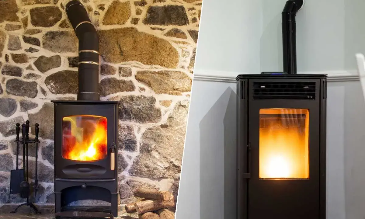 Comparaison de deux poêles : un poêle à bois traditionnel sur fond de pierre et un poêle à granulés moderne. Idéal pour installer un poêle à pellet.