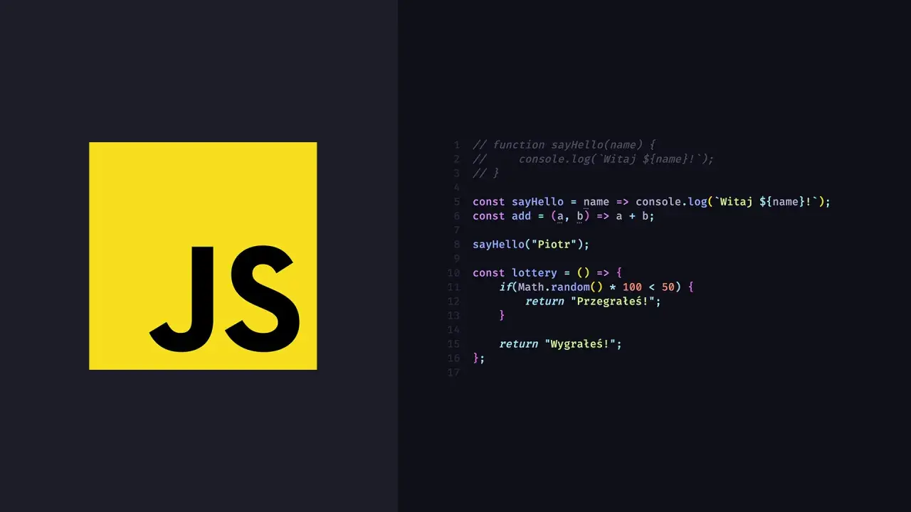 Logo JS obok kodu w JavaScript, który zawiera funkcję loterii. `js defer` w kodzie pozwala na asynchroniczne ładowanie skryptów.