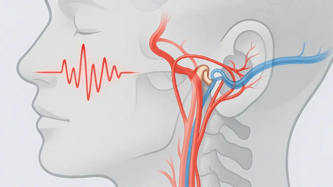 Pulssynchroner Tinnitus durch Nackenverspannung: Rote Wellen zeigen den Puls nahe dem Ohr, wo Blutgefäße und ein Gelenk dargestellt sind.