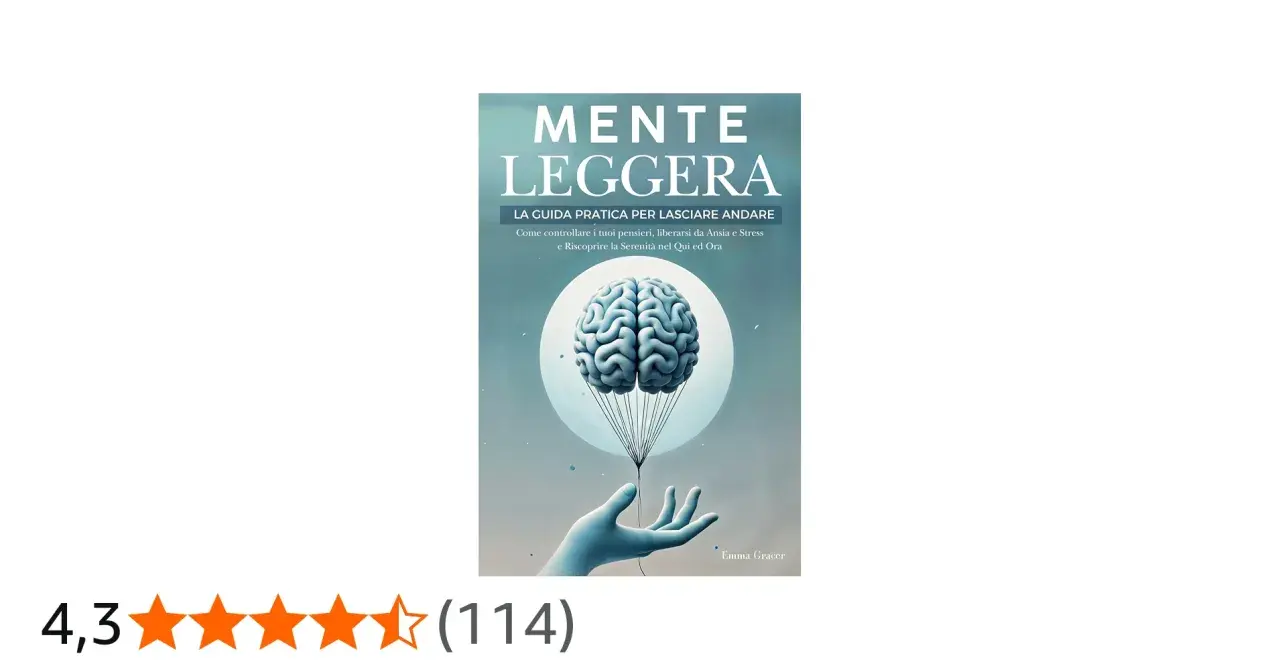 Copertina del libro "Mente Leggera", con un cervello che fluttua come una mongolfiera tenuta da una mano. Perfetto tra i libri rilassanti da leggere per trovare serenità.