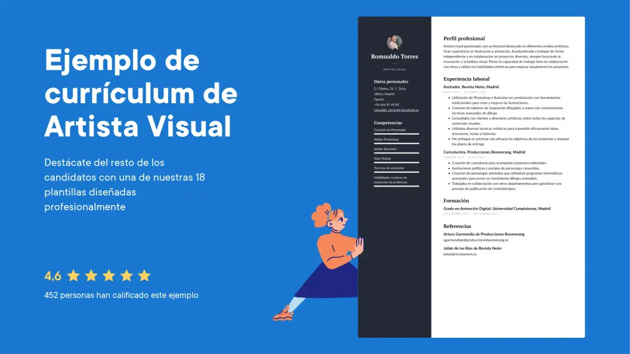 Ejemplo de currículum de artista visual. Muestra la experiencia, competencias y formación de Romualdo Torres, un artista visual con pasión por la ilustración y animación.