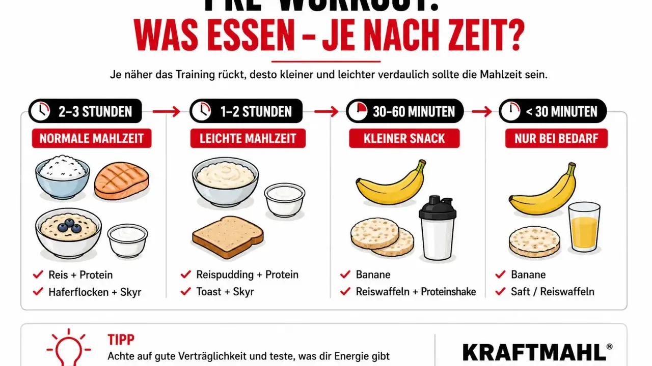 Pre-Workout-Mahlzeiten: Reis, Haferflocken, Bananen, Reiswaffeln – je nach Zeit vor dem Training.