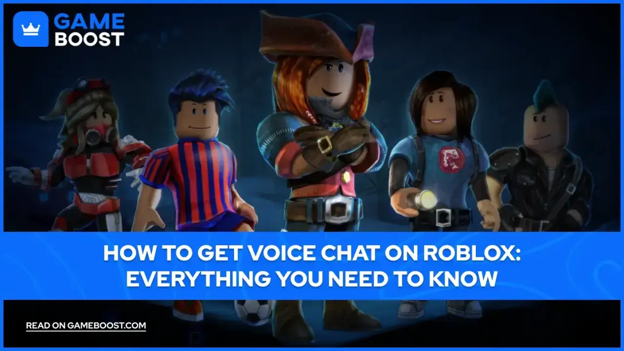 Pięciu graczy Roblox w różnych strojach, gotowych do rozmowy przez voice chat.