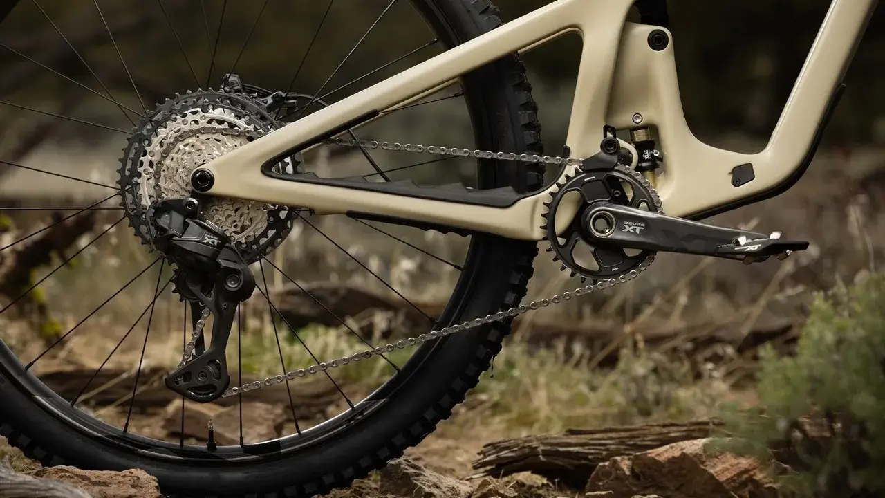 Tylna przerzutka i kaseta roweru górskiego z napędem Shimano Deore XT.