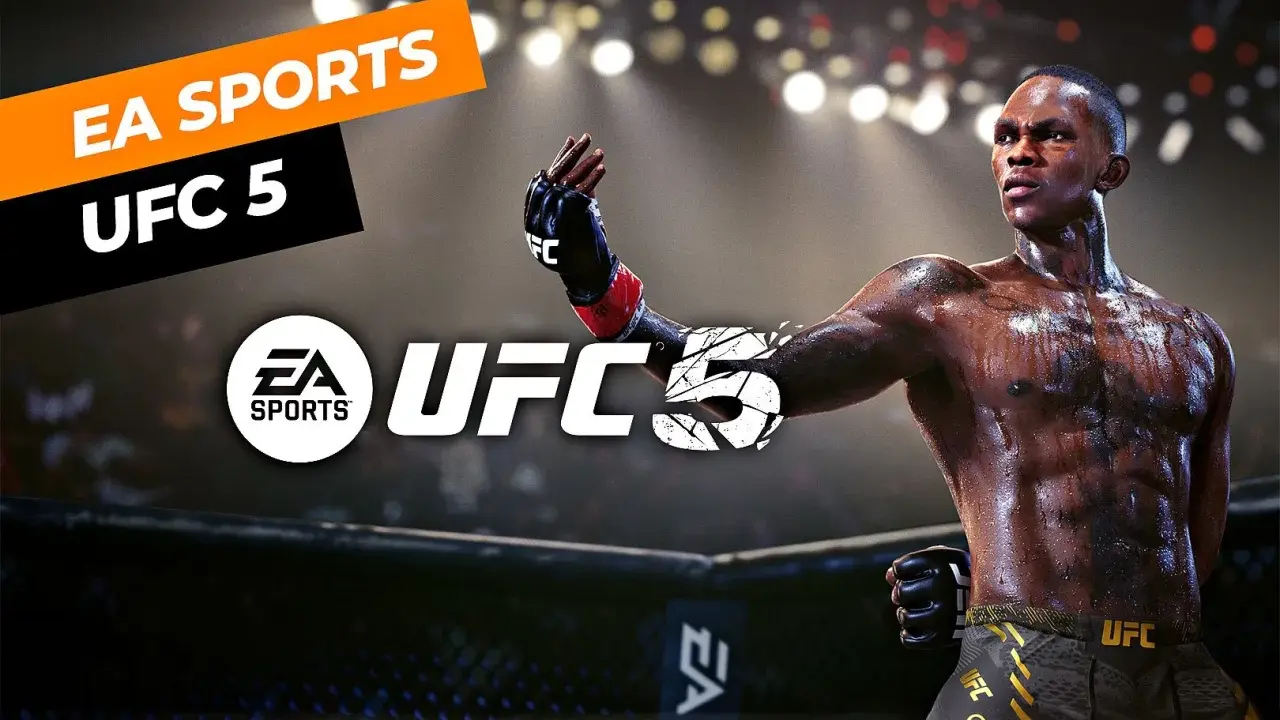 Zwycięski wojownik UFC na tle areny, logo EA SPORTS UFC 5.