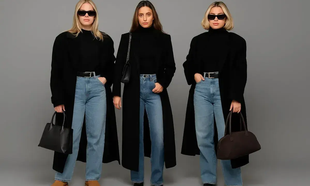 Trzy kobiety w czarnych, obszernych płaszczach i jeansach. Modny styl oversize.