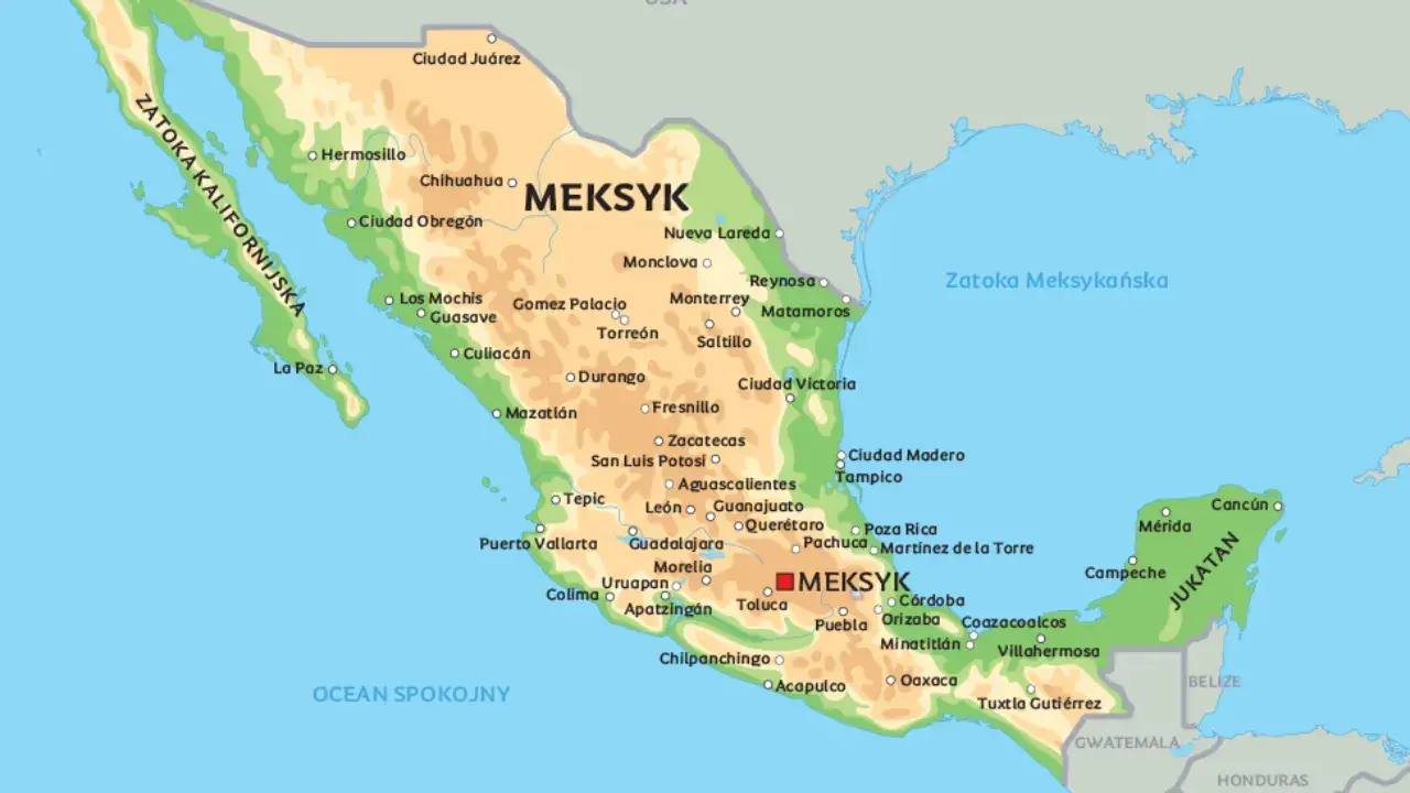 Mapa polityczna Meksyku, pokazująca jego położenie między Zatoką Kalifornijską, Zatoką Meksykańską i Oceanem Spokojnym.