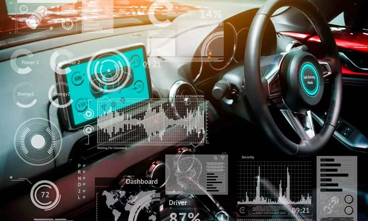 Interior de coche futurista con pantalla táctil mostrando datos de energía y mapa. El volante tiene un modo de conducción autónoma activado, indicando la tecnología **can bus** en acción.