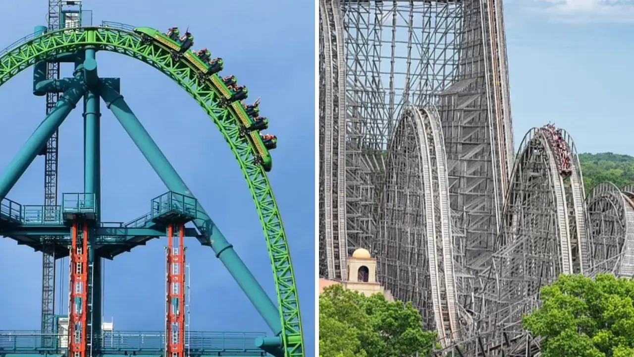 Zielona kolejka górska Kingda Ka i drewniana konstrukcja innej kolejki.