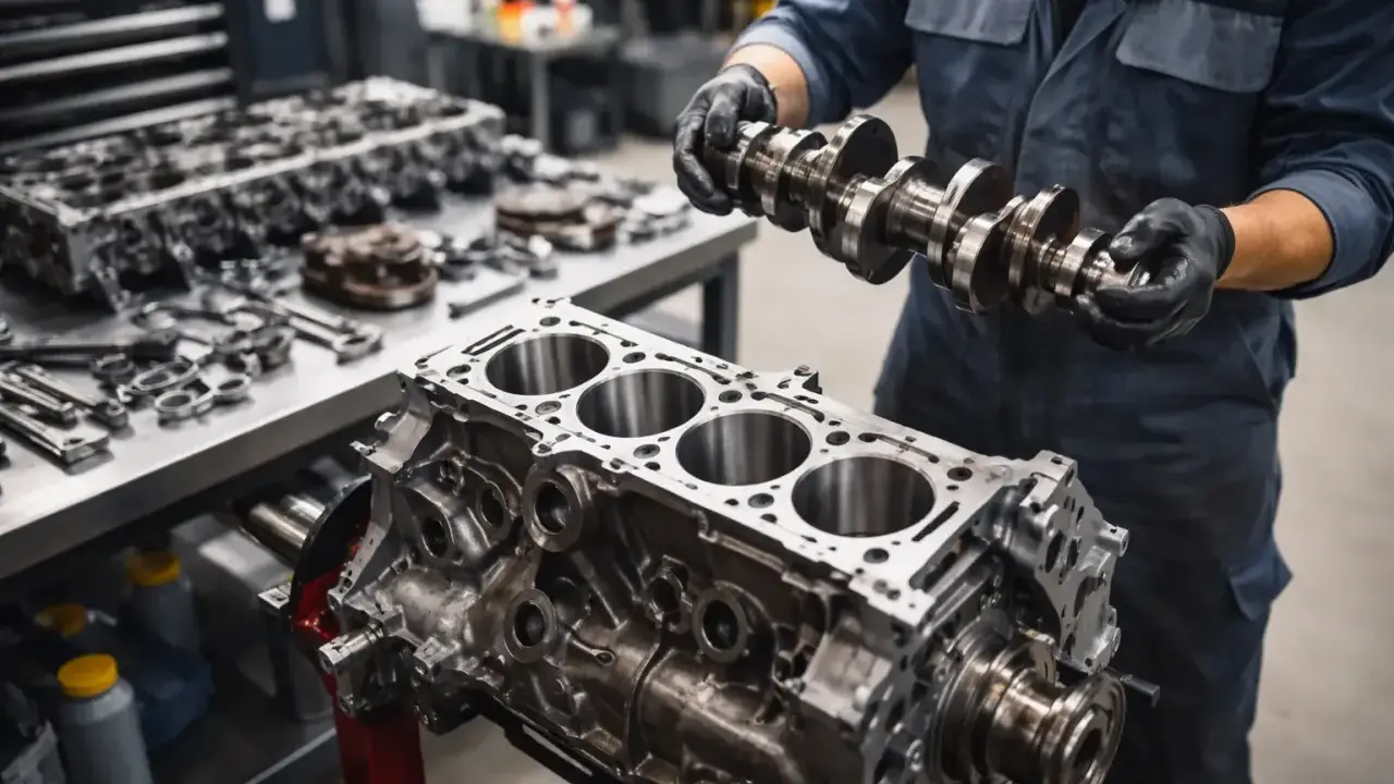 Mechanik montuje wał korbowy do bloku silnika. Rozważasz kapitalny remont silnika? Cena może być zaskakująco przystępna.