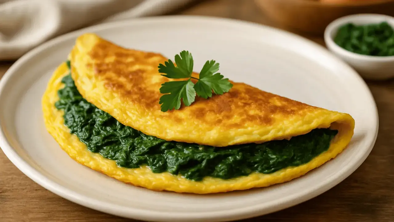 Złocisty omlet ze szpinakiem, udekorowany natką pietruszki, czeka na talerzu.