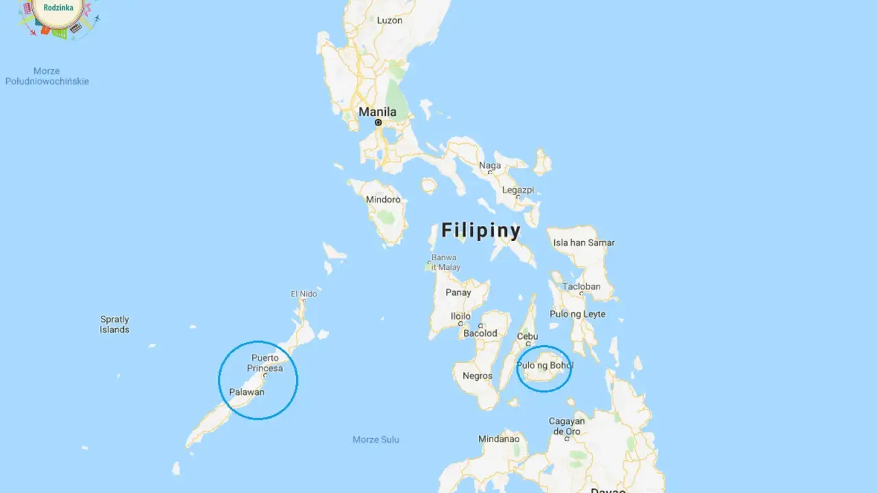 Mapa Filipin z zaznaczonymi wyspami Palawan i Bohol.