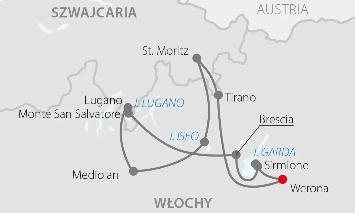 Mapa pokazuje trasę podróży przez Szwajcarię i Włochy, gdzie są Alpy. Odwiedzane miejsca to m.in. Lugano, St. Moritz, Mediolan, Werona i jeziora Garda, Iseo, Lugano.