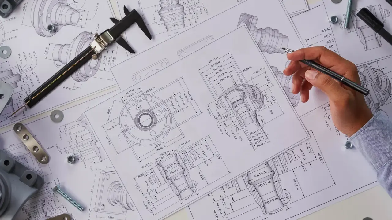 Un disegnatore meccanico cosa fa: studia disegni tecnici con misure precise, usando calibro e penna per progettare componenti meccanici.