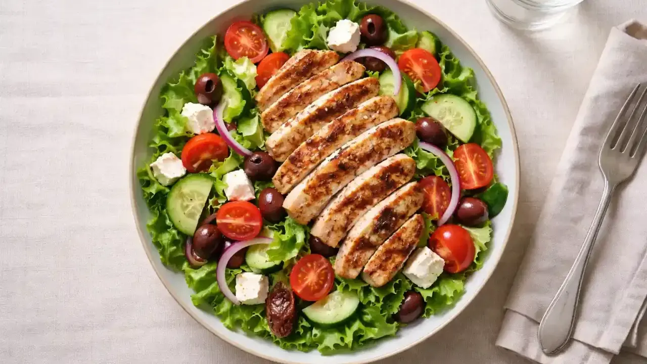 En fräsch sallad med grillat kyckling innanlår, tomater, gurka, oliver och fetaost.