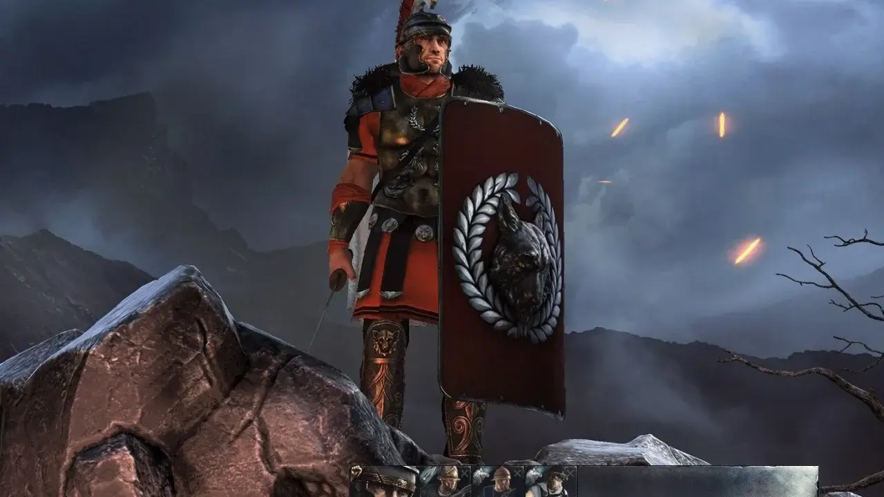 Rzymski legionista z tarczą w kształcie wilka, gotowy do walki w **Total War Arena**. Na niebie płoną pochodnie.