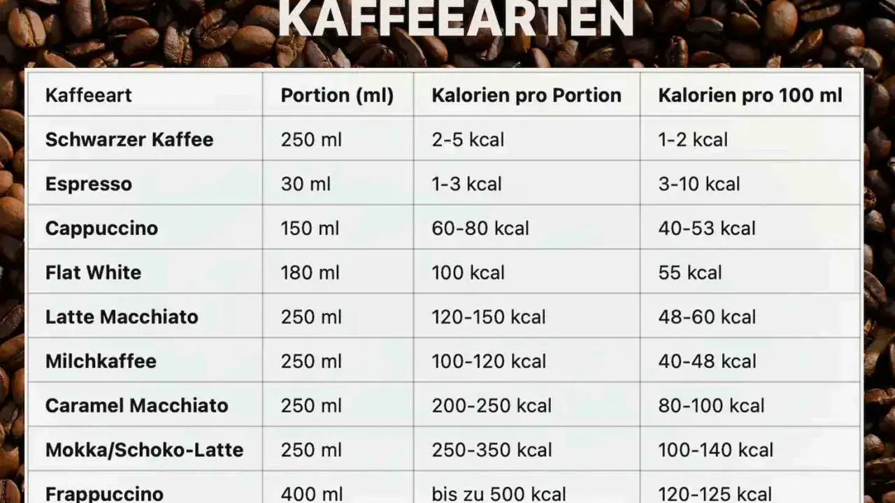 Tabelle zeigt Kaffeearten und Kalorien. Espresso hat nur 1-3 kcal pro Portion.