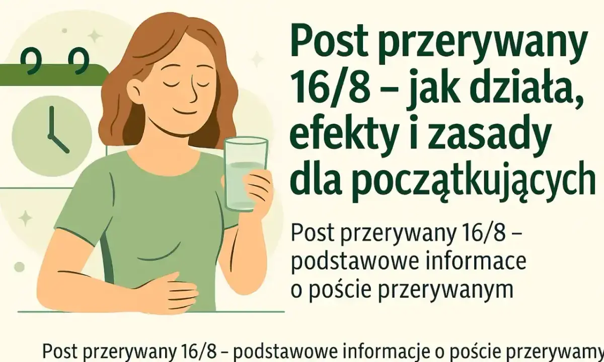 Kobieta z wodą, obok kalendarz z zegarem. Grafika wyjaśnia, na czym polega post przerywany 16/8.