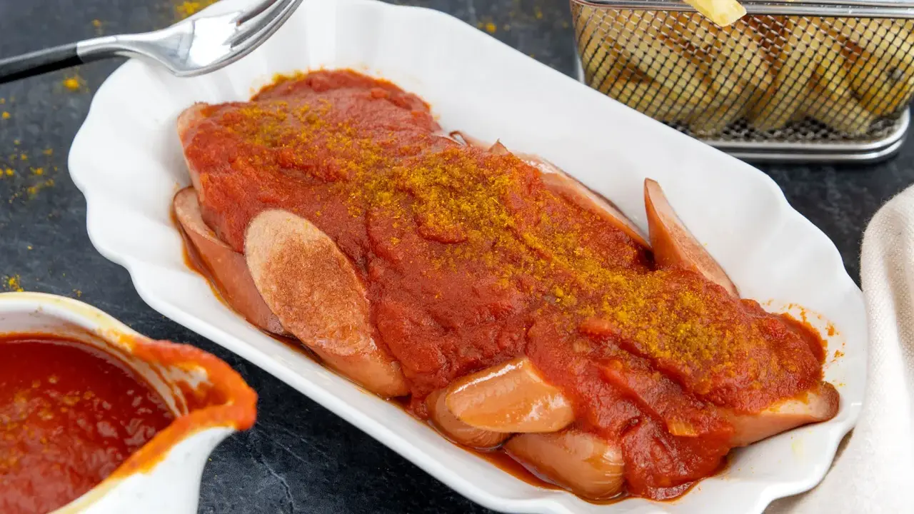 Currywurst mit Pommes und einer köstlichen Currysoße, die Lust auf das Currysoße Rezept macht.