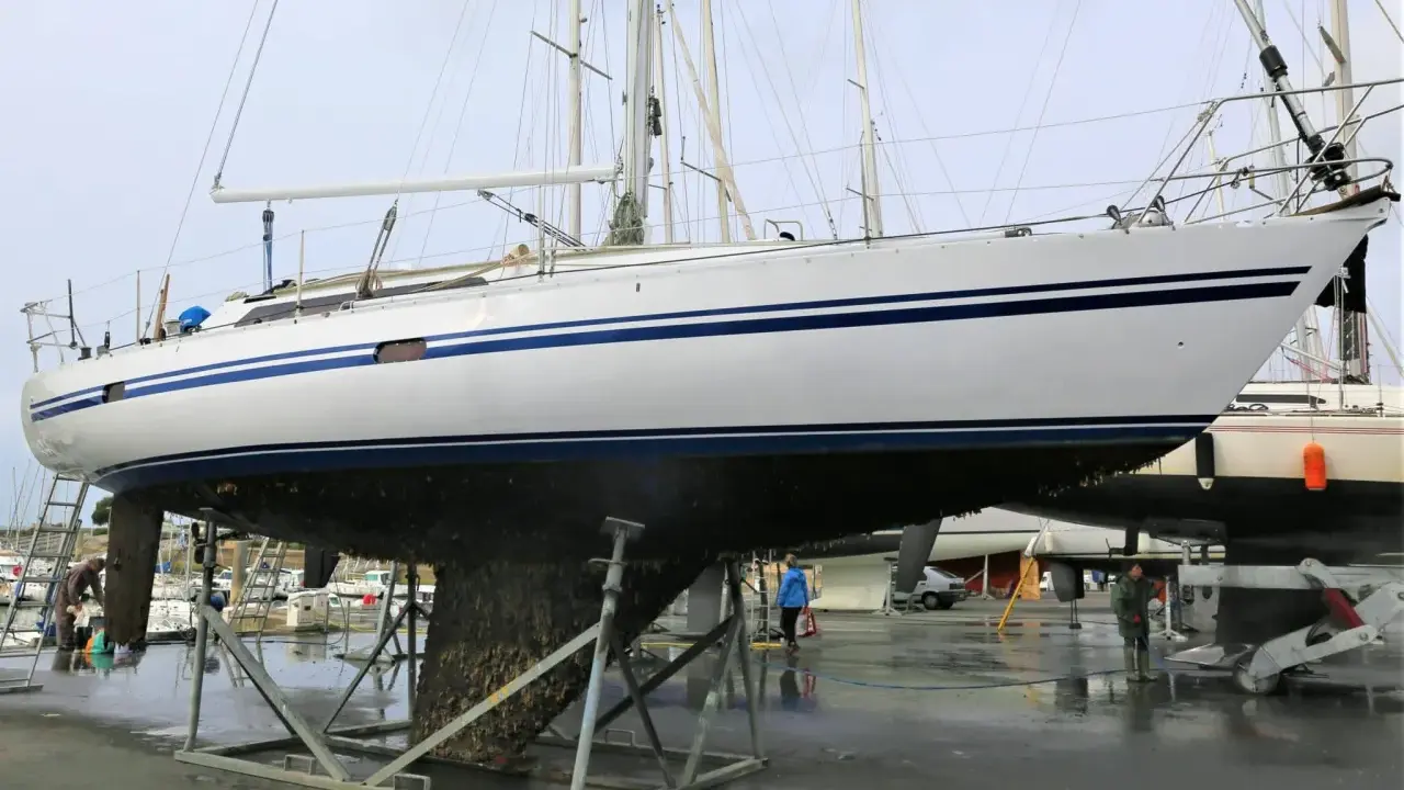 Un grand voilier blanc et bleu est sur des chandelles, son flanc couvert de bernacles. Un homme nettoie la coque d'un autre bateau à proximité.