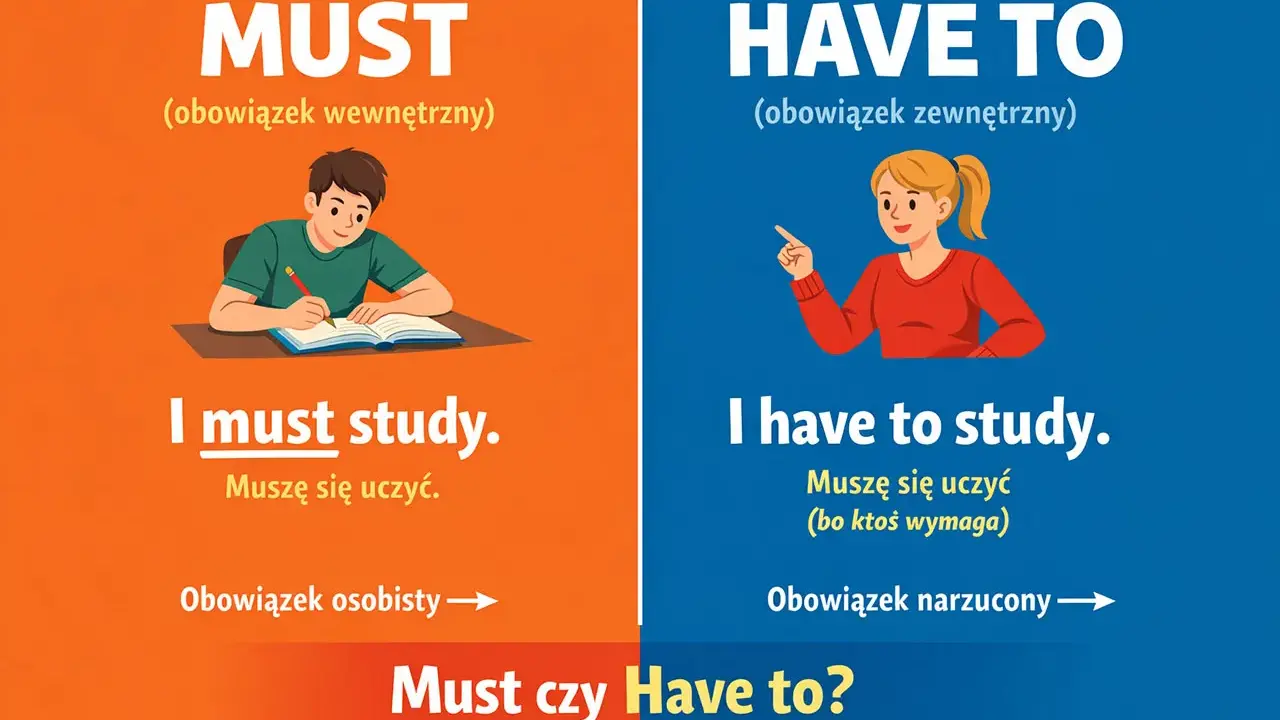 Chłopiec uczy się z własnej woli (must), dziewczynka uczy się, bo ktoś tego wymaga (have to).