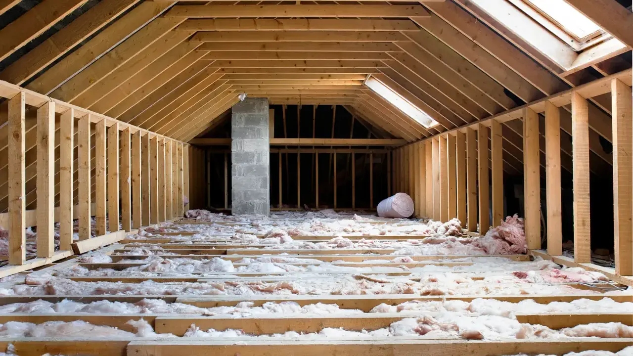 Aménagement de combles : pose de l'isolation thermique sur les solives en bois. Un rouleau d'isolant est visible.
