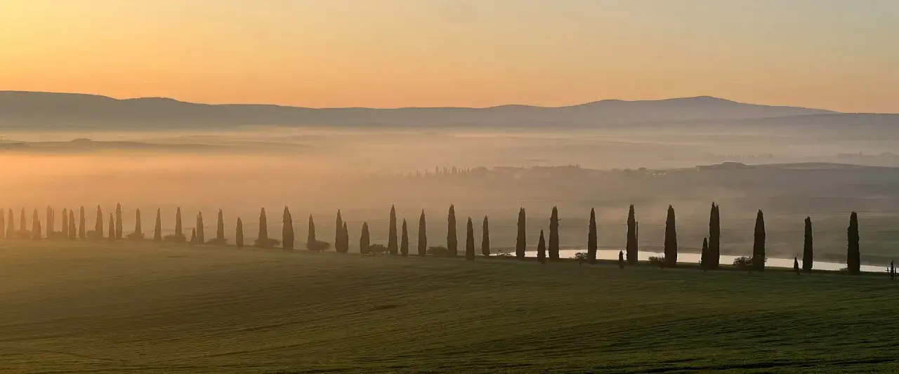 Alba nebbiosa in Toscana Val d'Orcia, con filari di cipressi che costeggiano una strada, colline sfumate e un cielo aranciato.
