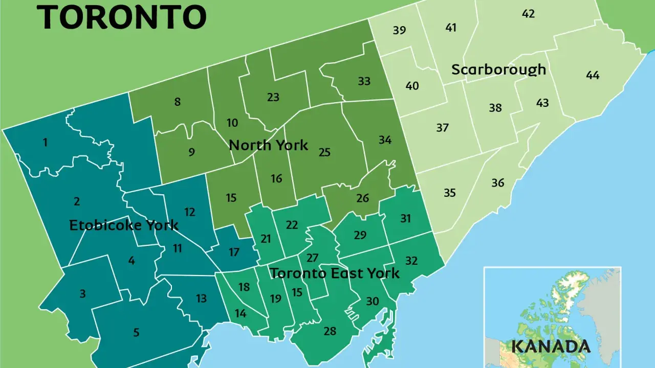 Kolorowa mapa Toronto podzielona na dzielnice, z zaznaczonymi obszarami Etobicoke York, North York, Scarborough i Toronto East York. W rogu mapa Kanady z zaznaczonym Toronto.