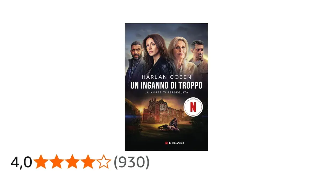 Copertina del libro "Un inganno di troppo" di Harlan Coben, con quattro volti misteriosi e un castello. La morte ti perseguita, ma forse è solo un inganno di troppo.