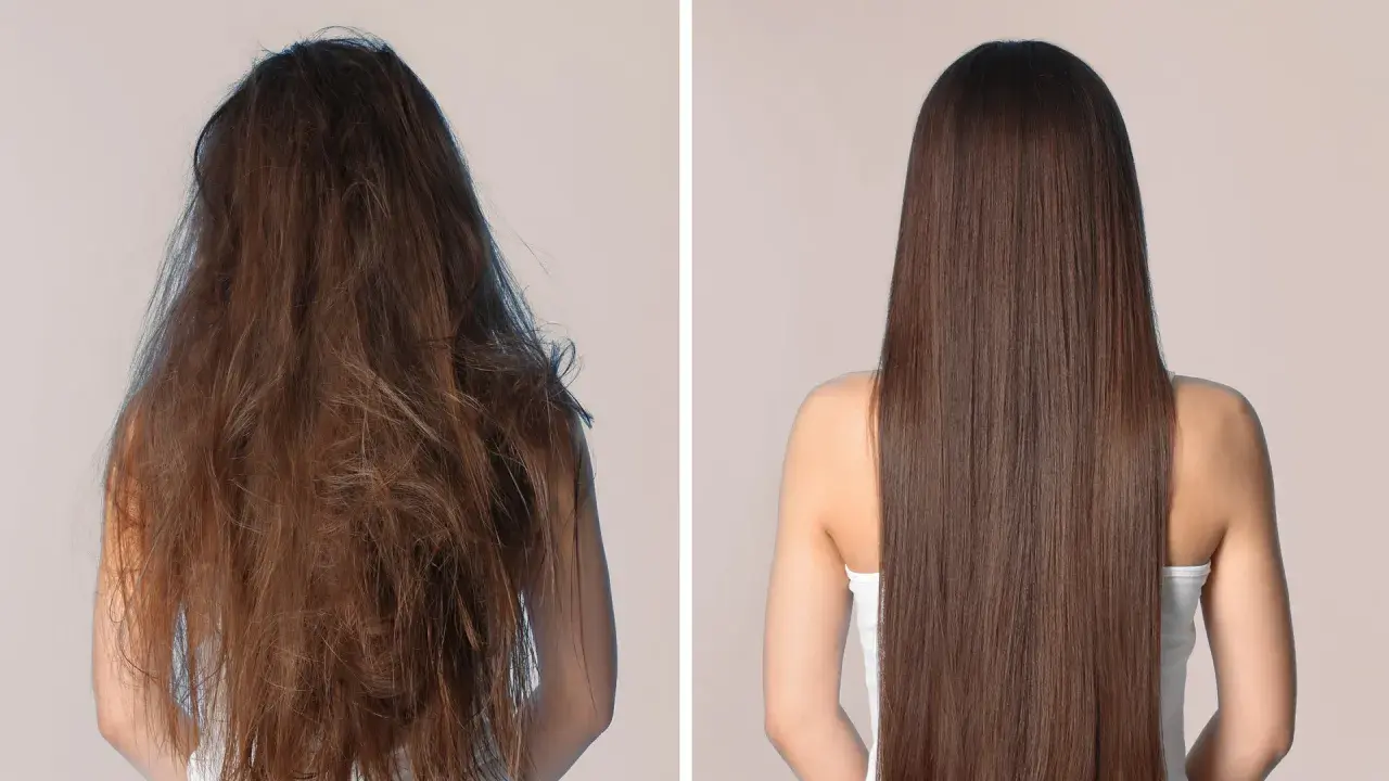 Prima e dopo: capelli disidratati e spenti trasformati in una chioma lucente e sana.