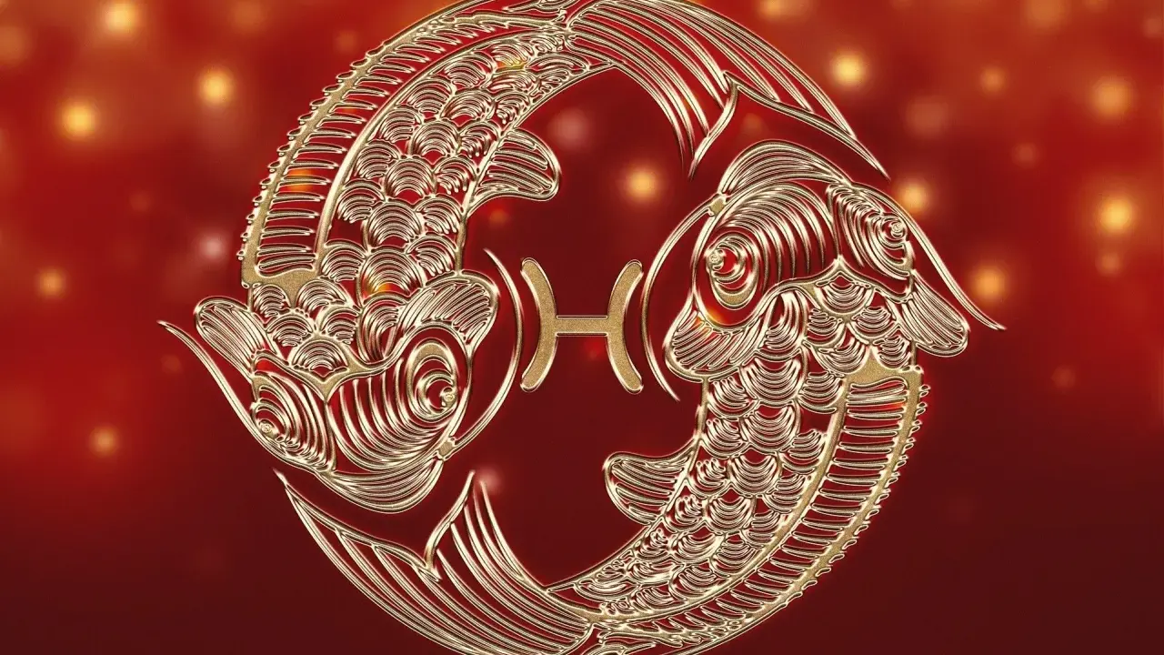 Złote ryby, symbol zodiaku, unoszą się w tle pełnym ciepłych, migoczących świateł. To znak, który często kojarzony jest z intuicją i marzeniami, a dla niektórych może symbolizować szczęśliwe liczby.