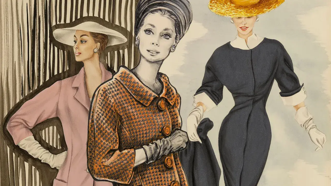 Tre eleganti donne della moda italiana sfoggiano abiti chic: un tailleur rosa, un cappotto arancione pied-de-poule e un vestito blu scuro con cappello di paglia.