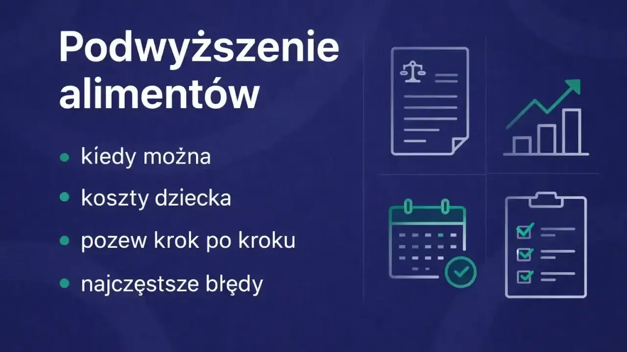 Podwyższenie alimentów po 5 latach: kiedy można, koszty dziecka, pozew krok po kroku i najczęstsze błędy. Ikony: dokument prawny, wykres wzrostu, kalendarz, lista kontrolna.