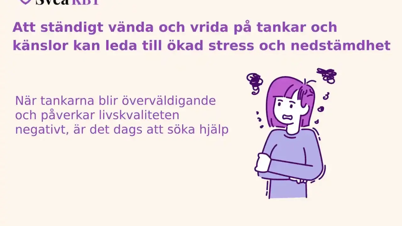 En person med armarna i kors och oroliga tankar som virvlar runt huvudet. Att fastna i tankar kan leda till stress.