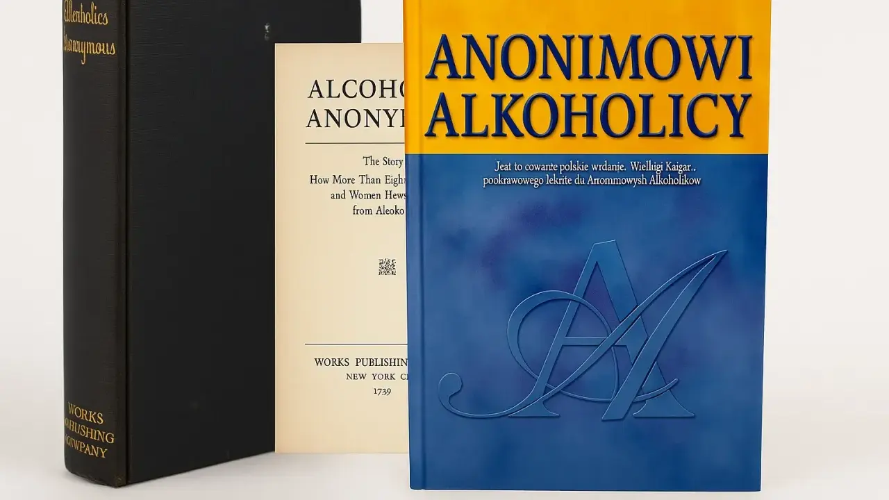 Trzy książki: czarna z napisem "Alcoholics Anonymous", kremowa z tekstem "Alcoholics Anonymous" i niebiesko-żółta z tytułem "Anonimowi Alkoholicy".