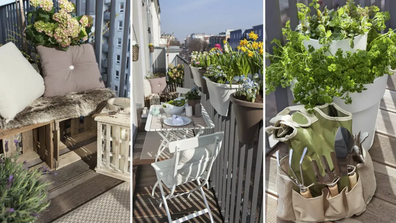 Idee per arredare un balcone stretto e lungo: seduta in pallet, tavolino pieghevole, fiori e attrezzi da giardinaggio.