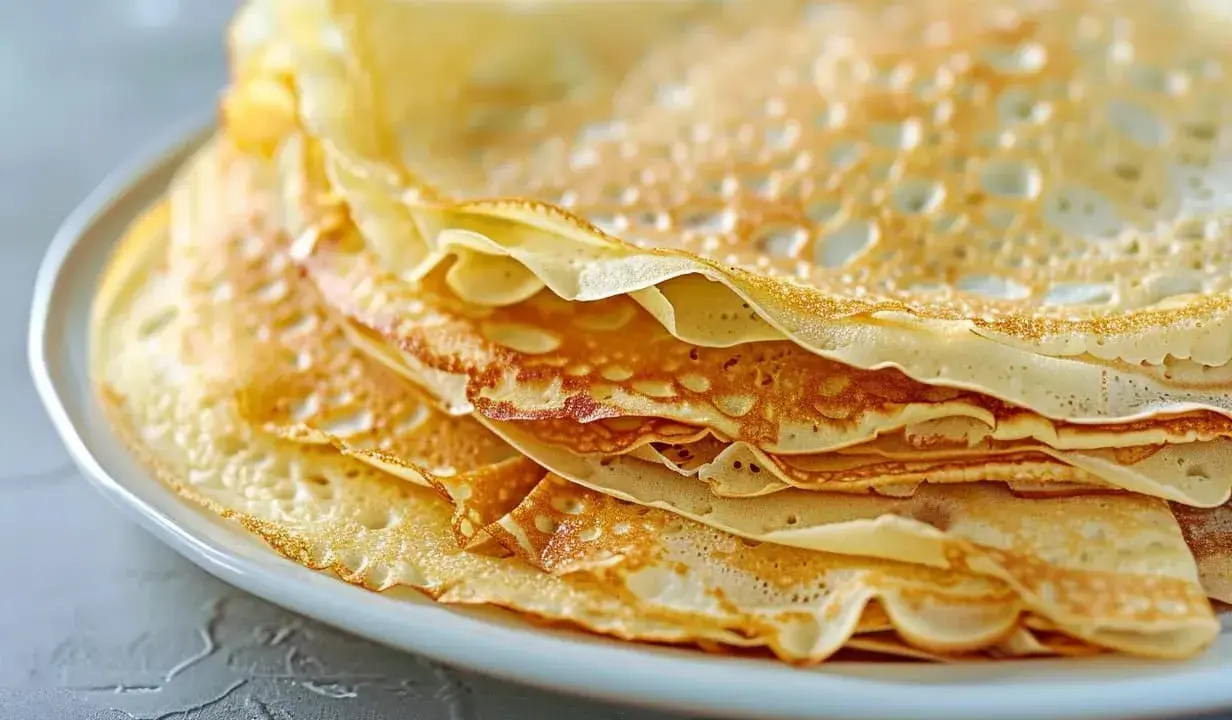 En hög med gyllene, tunna pannkakor på en vit tallrik. Perfekt för ett enkelt pankakor recept.