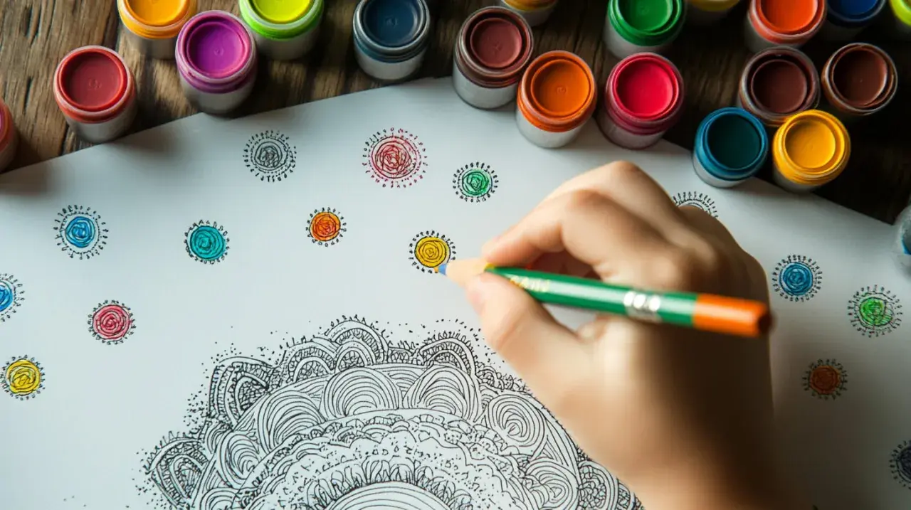 Mano che colora con una matita un disegno di mandala. Piccoli cerchi colorati e vasetti di pittura sullo sfondo.