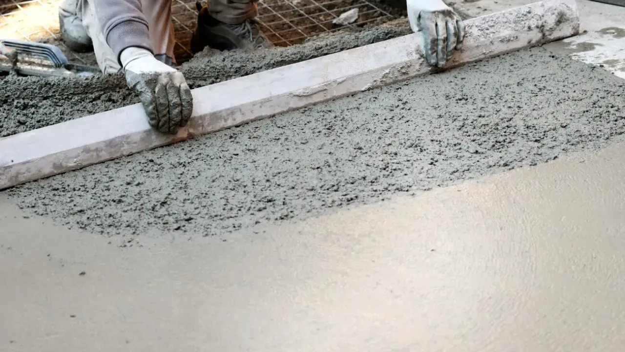 Ręce w rękawiczkach wygładzają świeży beton, tworząc idealnie równą powierzchnię. To praca z betondurem, która wymaga precyzji.