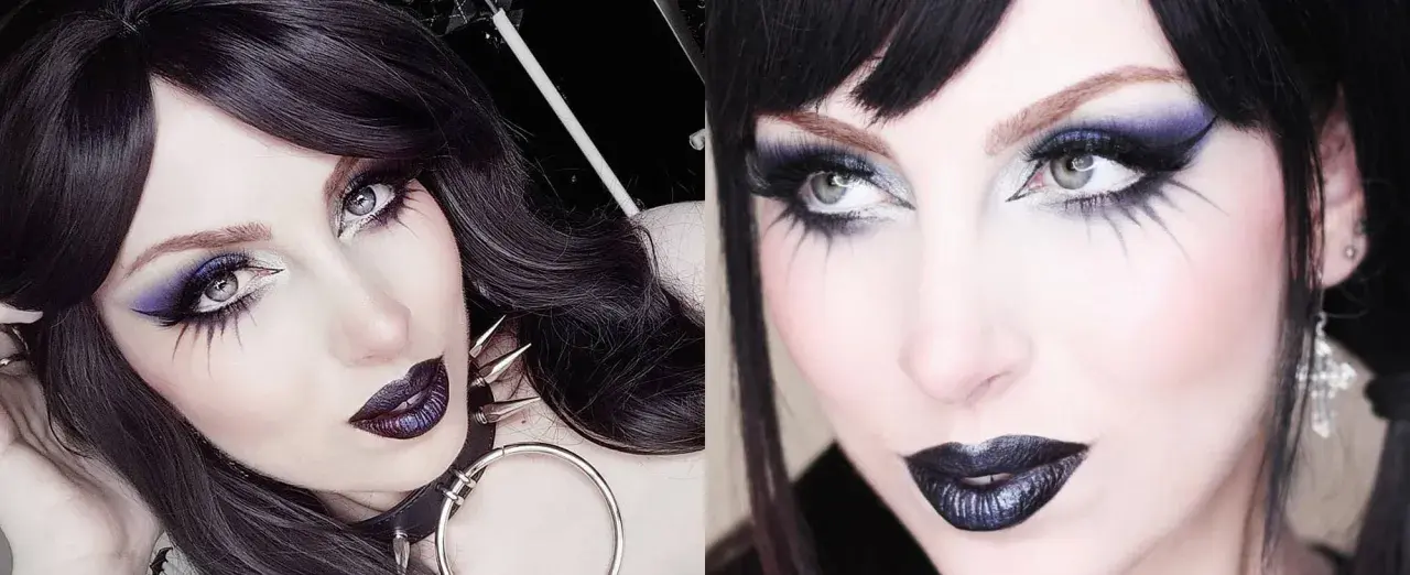Mujer con maquillaje gótico: ojos dramáticos con sombras moradas y delineado, labios oscuros y pelo negro.