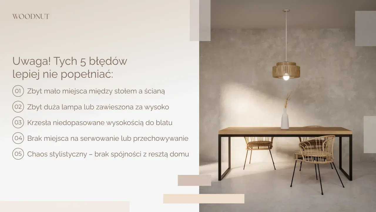 Minimalne **miejsca na stół z krzesłami** w jadalni. Unikaj błędów: za mało przestrzeni, zła lampa, niedopasowane krzesła, brak miejsca na serwowanie, chaos stylistyczny.