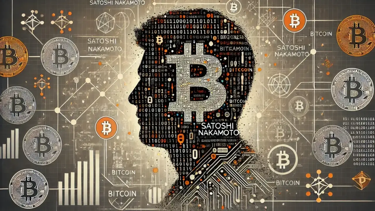 Sylwetka głowy wypełniona kodem binarnym i symbolem Bitcoina, z napisem "Satoshi Nakamoto" i monetami Bitcoin.