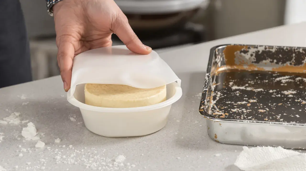 Hand hält eine weiße Silikonform mit einem Kuchen darin. Daneben eine schmutzige Metallform. Silikonbackform Nachteile: Reinigung kann schwierig sein.