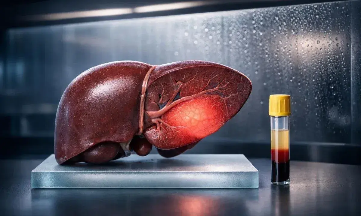 Fegato umano con un'area luminosa e una provetta di sangue. L'immagine evoca il concetto di esacerbazione, significato di peggioramento di una condizione.