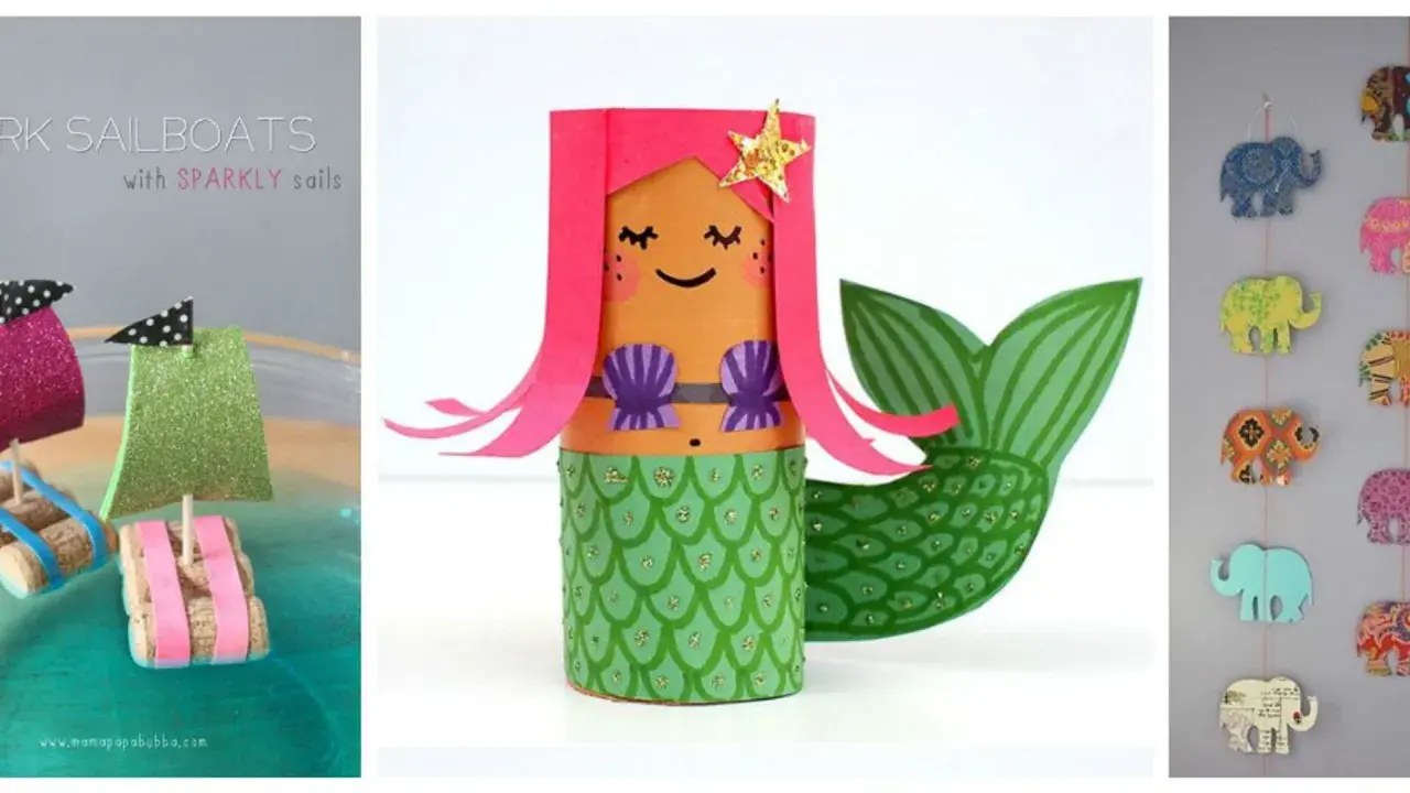 Lavoretti per bambini autistici: barchette scintillanti, sirena di cartone e simpatici elefanti colorati da appendere.